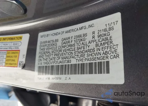 2018 Honda Accord Sport from USA, damaged, VIN 1HGCV1F31JA037383